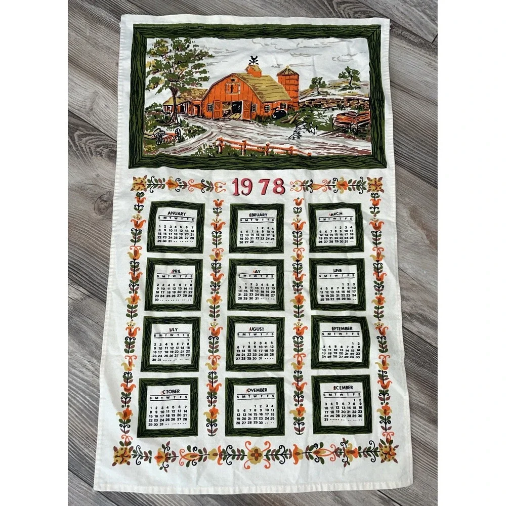 Vintage‎ Linen Tea Towel Calendar 1978 Farm Scene